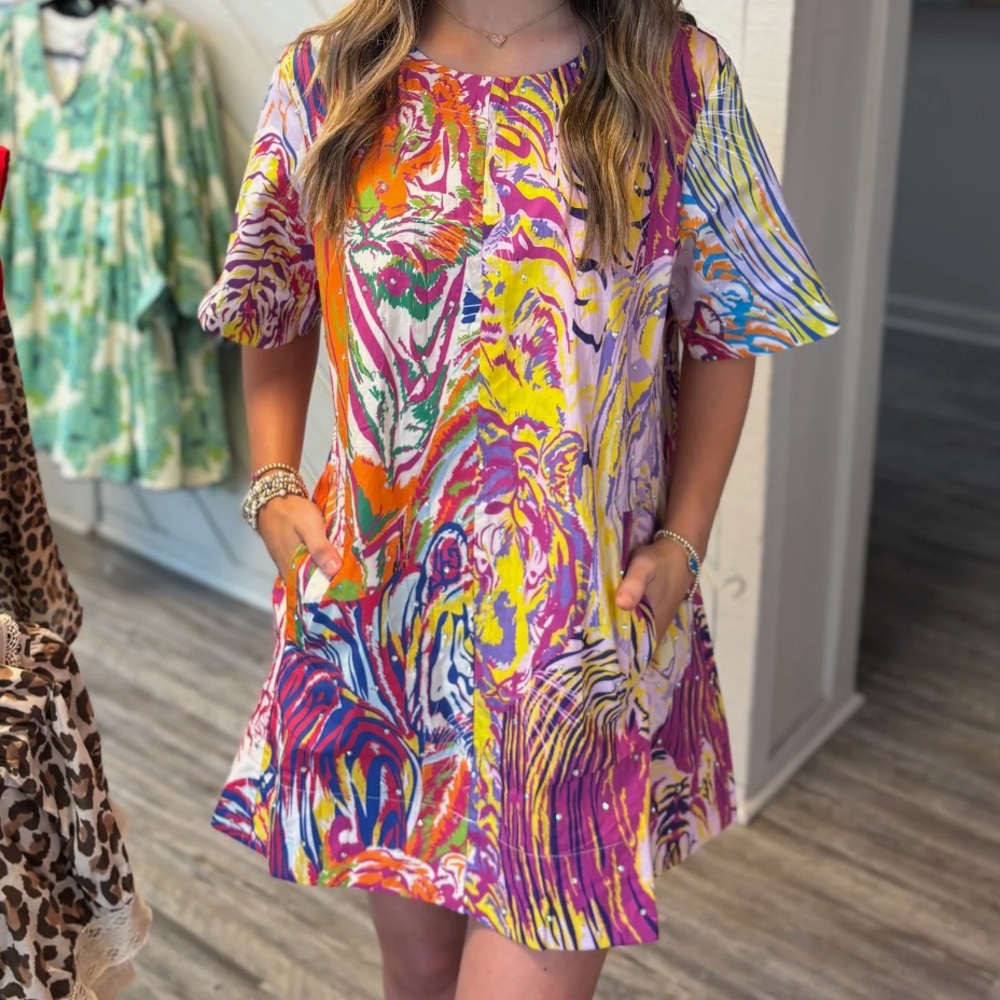 QUEEN OF SPARKLES Vibrant Multicolor Tiger Print Dress